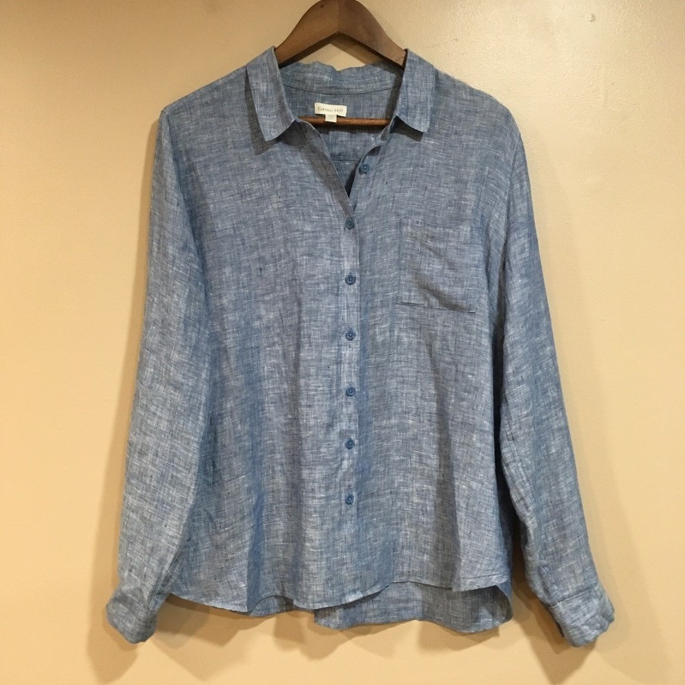 Garnet Hill 100% Linen Long Sleeve Button Up Shirt Women 10 Blue Coastal Classic
